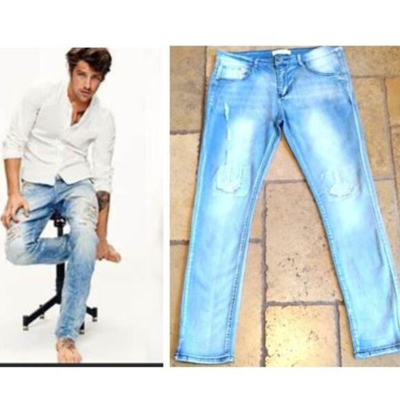 Blue Cult Ombre Fade Jeans W34 x L44 Light Medium Blue Acid Distress Patchwork - Picture 1 of 16